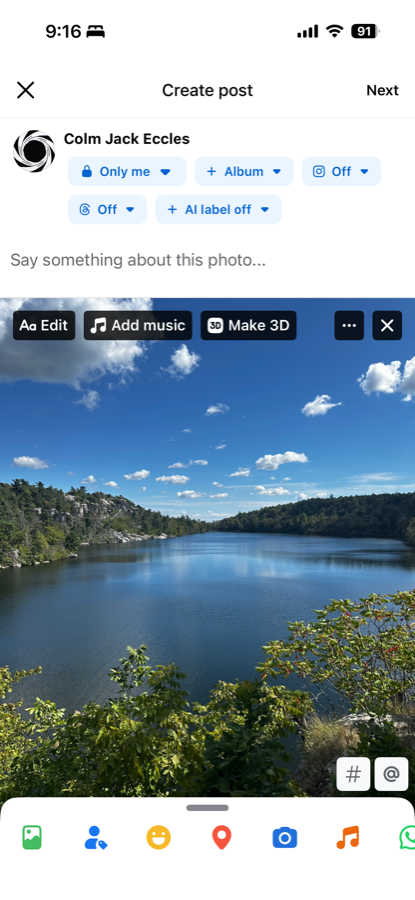'Add music' chip appears after adding media